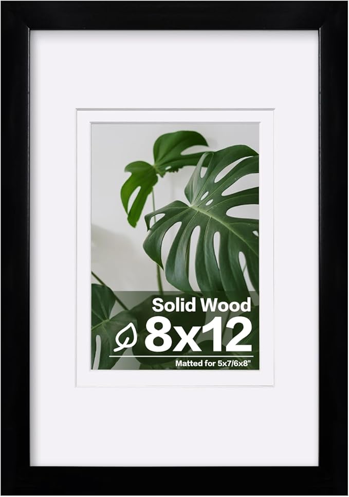 Egofine 8x12 Picture Frame Black Covered by Plexiglass Made of Solid Wood, Display Pictures 5x7/6x8 with Mat or 8x12 Without Mat for Table Top and Wall Mounting