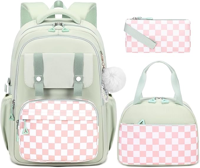 Girls Backpack with Lunch Box 3Pcs, Waterproof School Bag Set for Teen Elementary Middle School, Multi-Pocket Laptop Bookbag Lightweight, Green