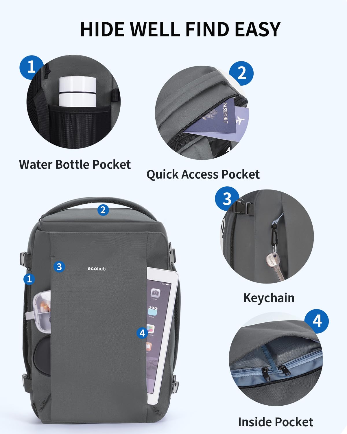 ECOHUB 40L Carry-On Travel Backpack, TSA-Friendly, Anti-Theft Water-Resistant Lightweight with 17.3″ Laptop Compartment, Durable PFAS-Free Rucksack, Grey