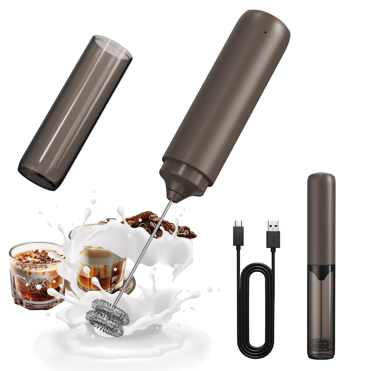 CIRCLE JOY Portable Rechargeable Milk Frother Handheld, Dual Spring Whisk Electric Coffee Frother Wand Drink Mixer for Matcha Lattes Cappuccino, Kitchen Gifts, Beige