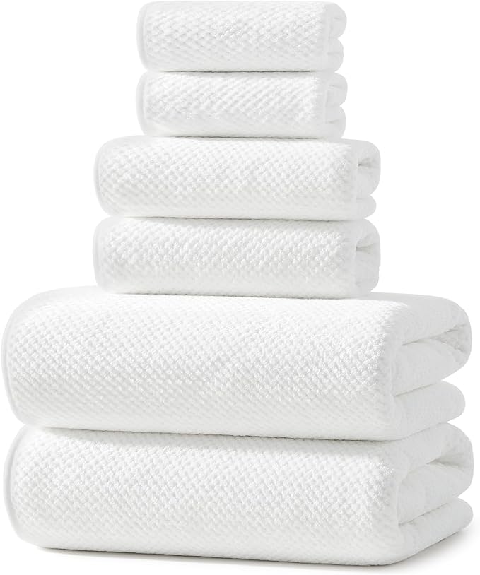 REDKISS Ultra Soft 6 Piece Towel Set, Premium White Towels for Bathroom, Highly Absorbent, Quick Dry, Lightweight Bath Towels Set Collection, Includes 2 Bath Sheets, 2 Hand Towels, 2 Washcloths