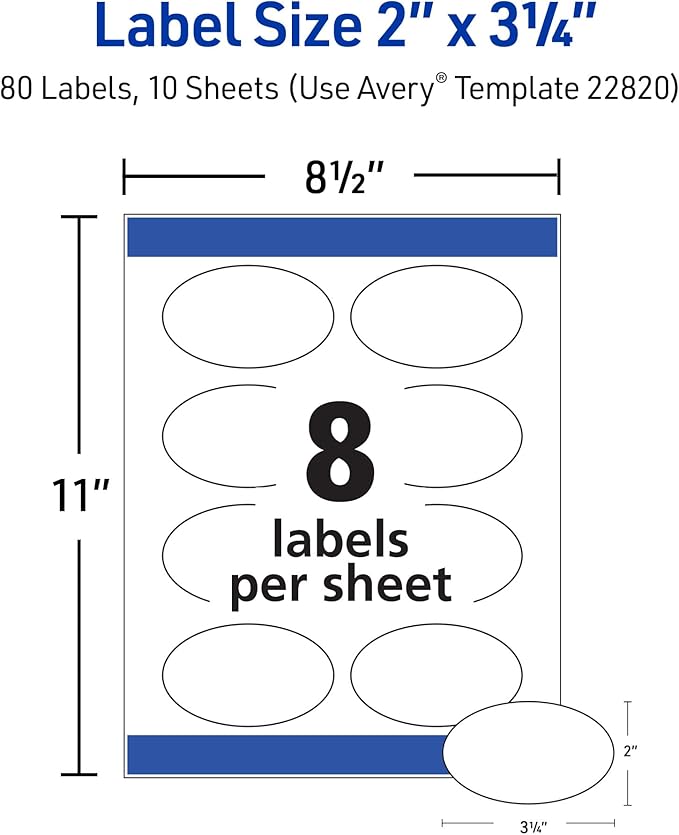 Avery Printable Blank Oval Labels, 2" x 3-1/3", Glossy White, 80 Customizable Labels (22820)