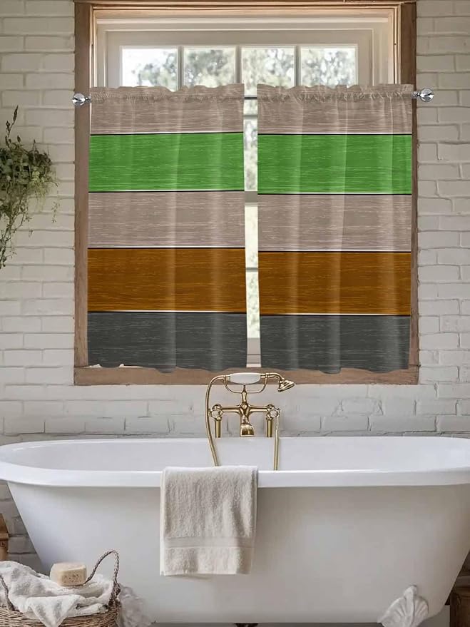 Farm Gray Green Brown Wood Grain Window Valance Curtains, Rustic Wooden Plank