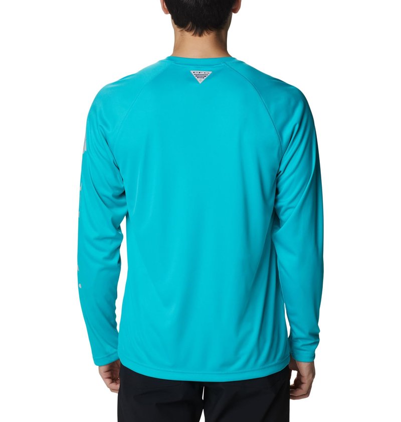 Columbia Men's Terminal Tackle Long Sleeve Fishing Shirt, Turquoise/Cool Grey Logo, X-Small