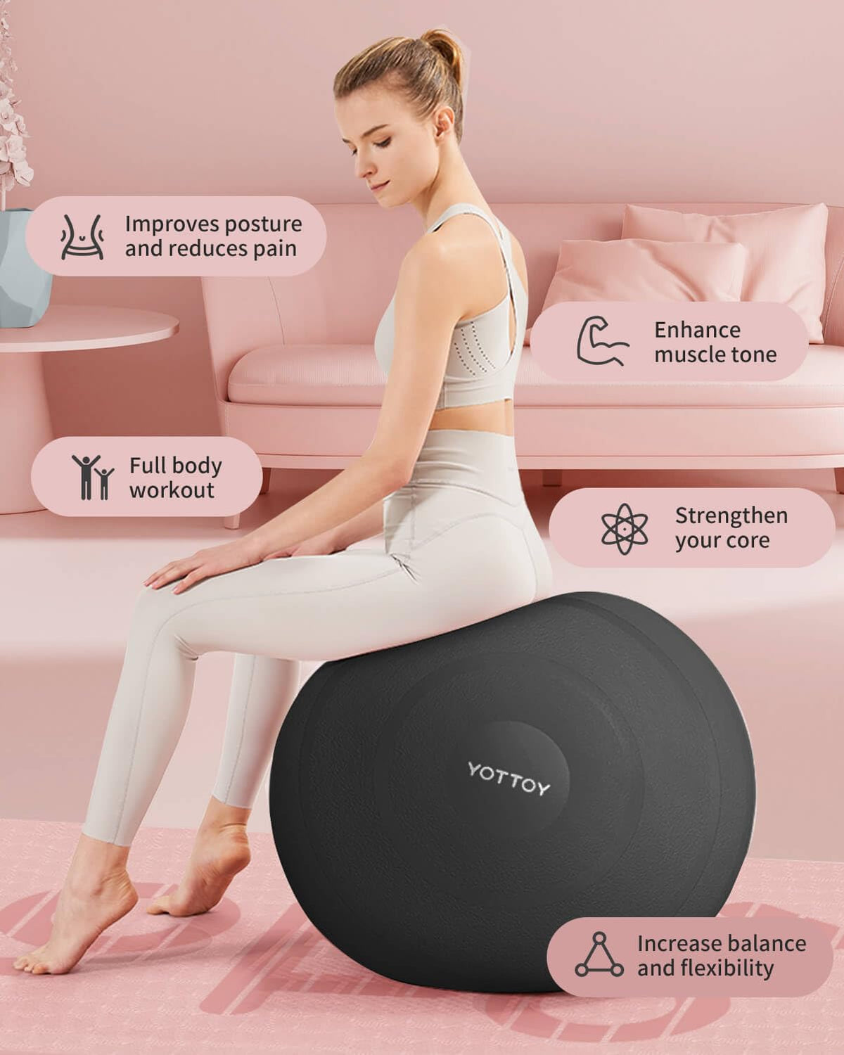 YOTTOY Anti-Burst Exercise Ball for Working Out, Yoga Ball for Pregnancy,Extra Thick Workout Ball for Physical Therapy,Fitness with Pump (Dark)