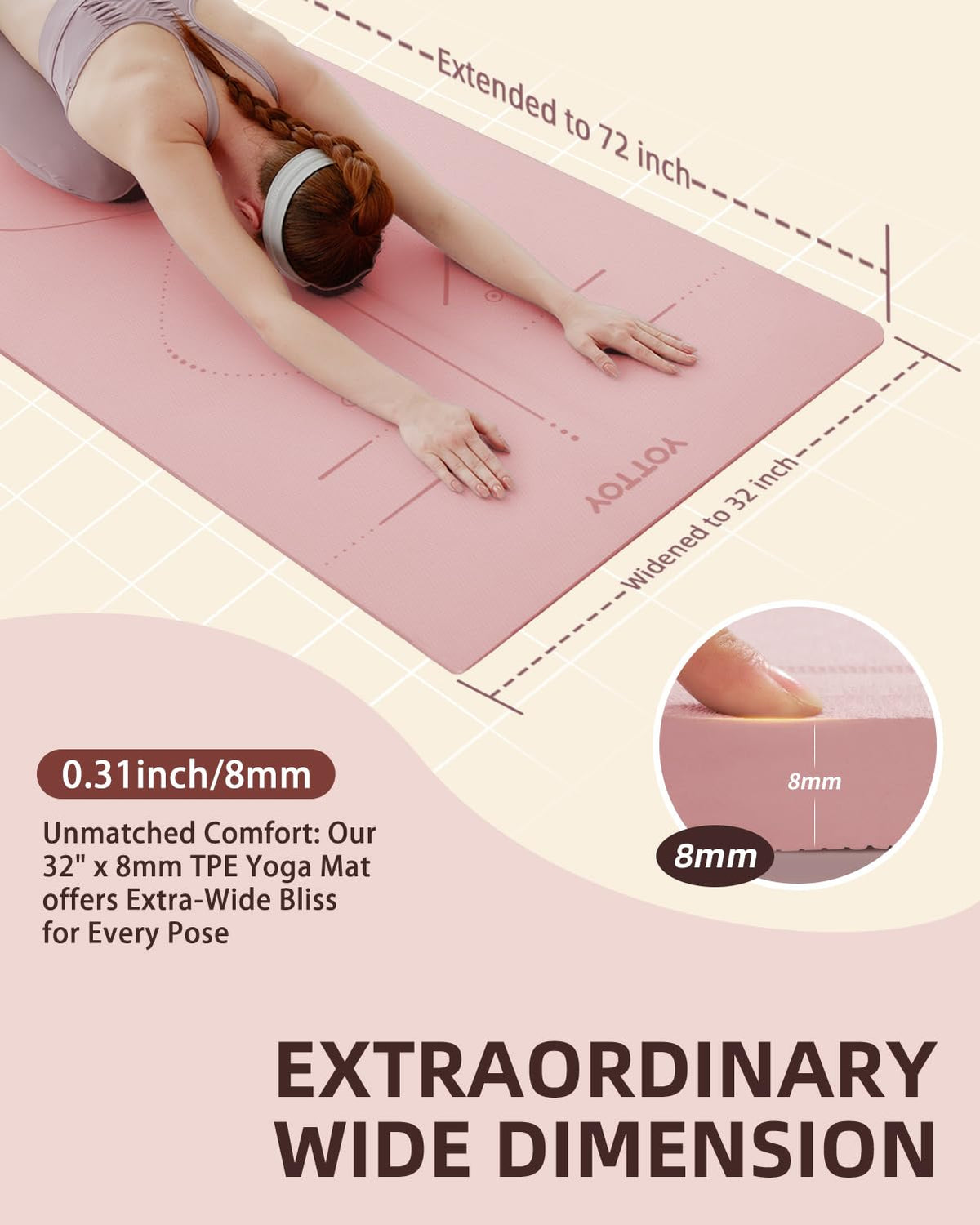 Thick Yoga Mat, YOTTOY Large 72"x 32"x1/3" Widen Professional Non-Slip Alignment Marks Yoga Mats,Eco-Friendly TPE Odorless Mats for Women Men Home Workout with Strap Bag (Blue)