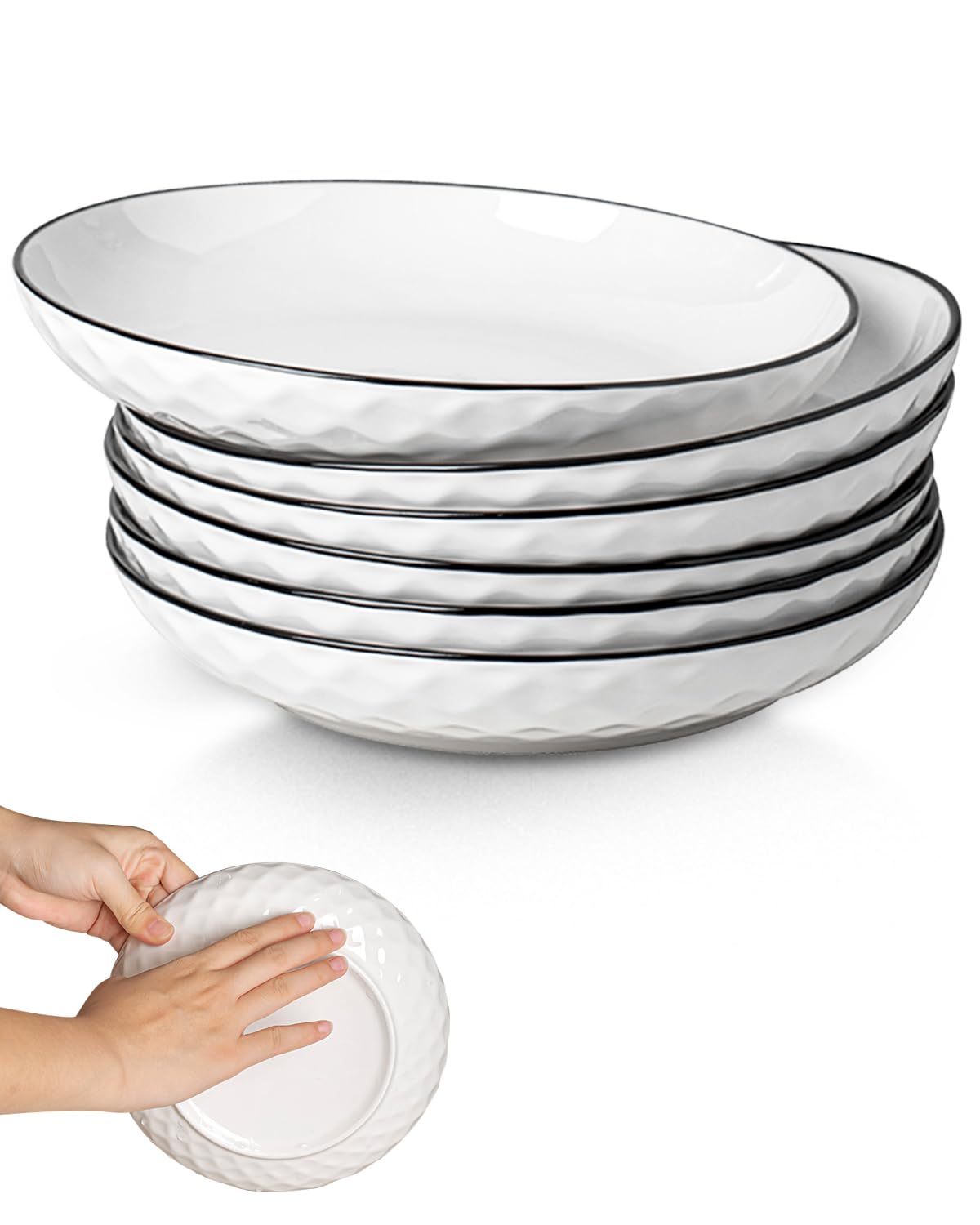 Yeacccng White Pasta Bowls Set of 6, 24oz Ceramic Salad Bowls, 8 inch Shallow Serving Bowls for Pasta, Salad, Oatmeal, Fruit, Easy to Clean, Dishwasher & Microwave Safe, Scratch-Resistant, Lead-Free