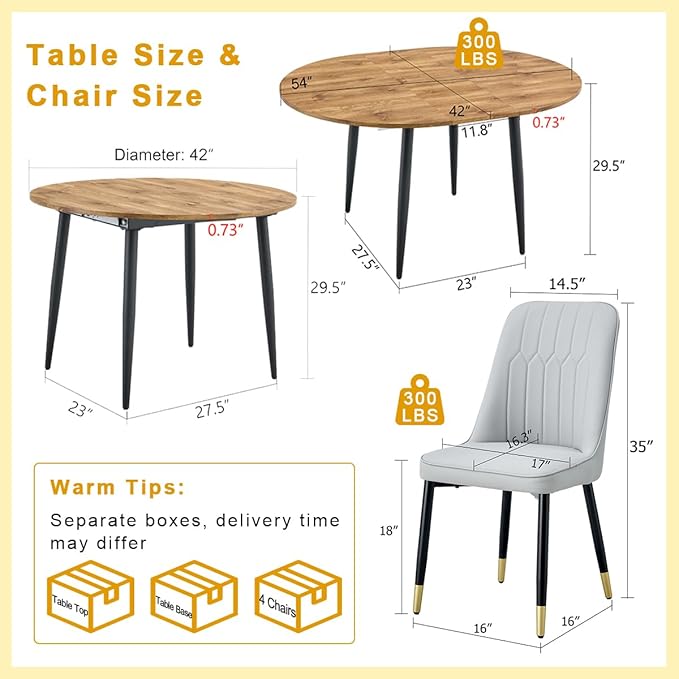 42"-54" Extendable Dining Table Set for 4, Round Dining Table Set for 4, 0.73" Thick Wood Tabletop with Smooth Edge, Black Metal Leg with Non-Slip Footmat, 4 Soft PU Chairs, for Kitchen, Small Space