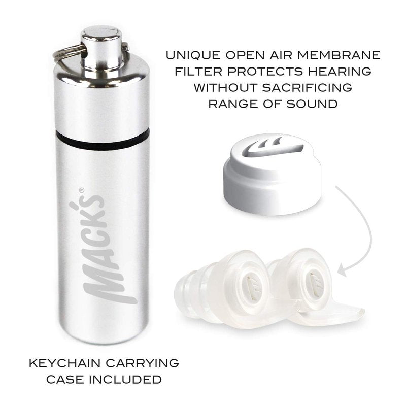 Mack's High Fidelity Ear Plugs for Concerts, Musicians, Motorcycles, Noise Sensitivity - 1 Pair (2 Comfort Tip Sizes) - Clear Hear Plugs with Case