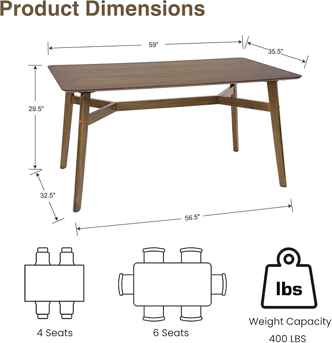 DUOMAY Modern Wooden Dining Table for 4-6 People, 59" Large Rectangular Dinner Table with Wood Legs for Home Dining Room Restaurant Farmhouse Kitchen, Brown