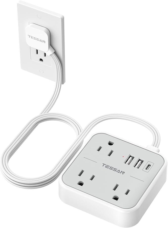 TESSAN Ultra Thin Flat Extension Cord 5 FT, Slim Power Strip with USB Ports (1 USB C), Surge Protector Flat Plug Wall Charger with 3 Outlets for Office, School, Dorm Room Essentials