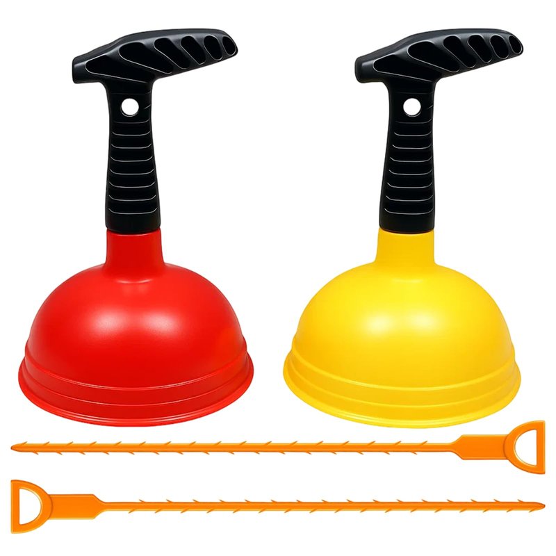 4 Pack Sink Plunger Set, Kitchen Sink Plunger and Bathroom Drain Unclogging Tools, Includes 2 Standard Plungers and 2 Drain Cleaners, Red and Yellow