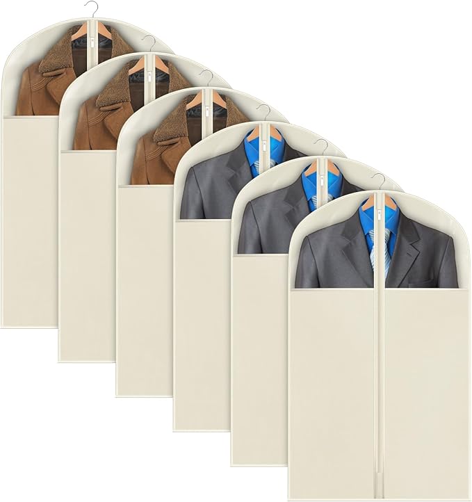 Univivi Suit Bags for Closet Storage, 40" Garment Bags for Hanging Clothes, Garment Bag for Travel and Storage with Large Visible Window for Suit Coat, Jacket, Sweaters (Set of 6), Biege