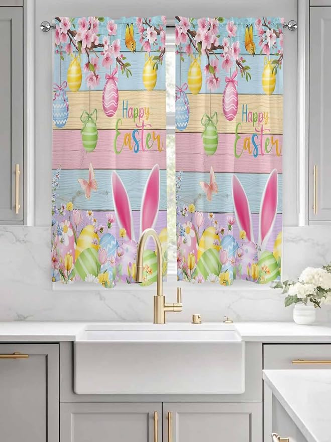 Colorful Easter Living Room Curtains 72 Inches length, Spring Watercolor Bunny