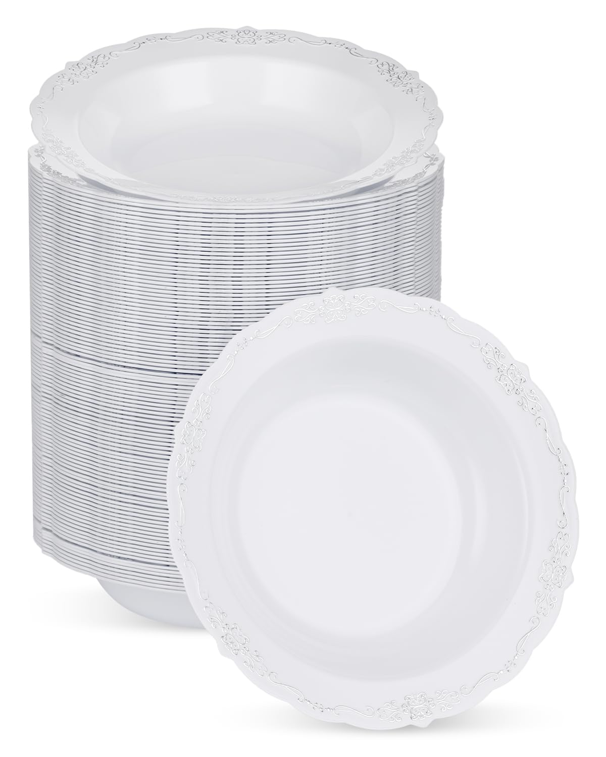 Bestluck 100 Pack White Plastic Bowls with Rose Gold Rim