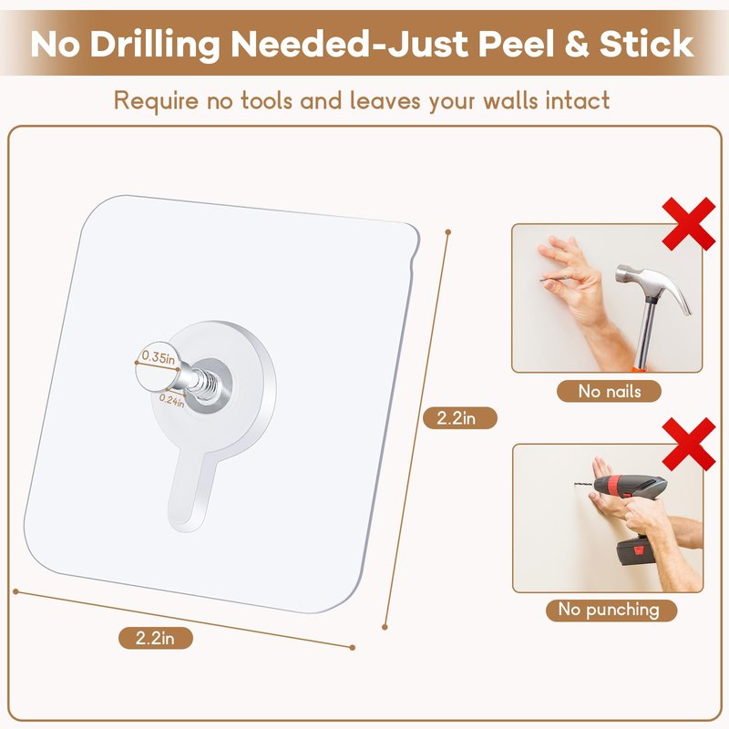 22 Pcs Drill Free Adhesive Wall Hooks, 20 lb Capacity Picture Hanging Hooks, Heavy Duty Picture Hangers Without Nails Strong Hold for Bathroom, Kitchen & Entryway