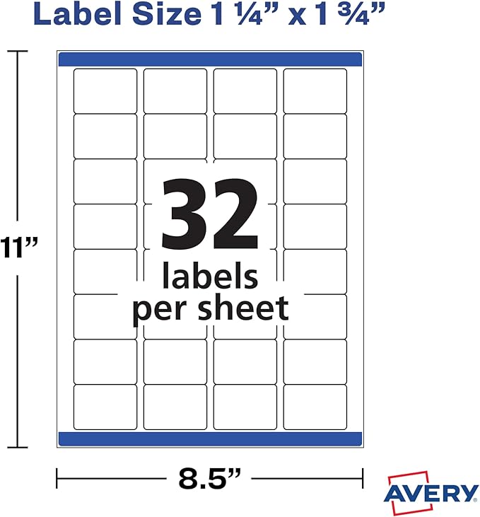 Avery Printable Blank Rectangle Labels, 1.25" x 1.75", White, 256 Customizable Labels (22828)