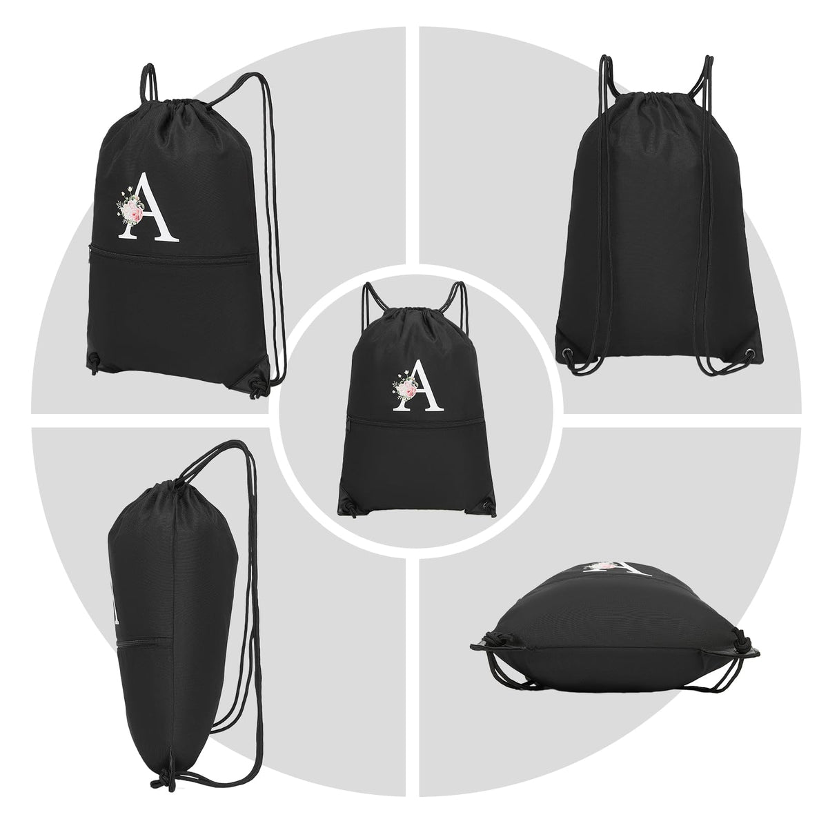 Drawstring Backpack, Personalized Initial Design Drawstring Bags Water Resistant String Bag for Women Men Gym Backpack Track Bag Sackpack Cinch Bags for Sports, Gym, Travel, Beach-Black (Letter J)