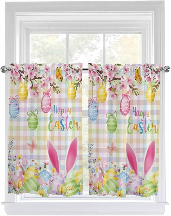Happy Easter Kitchen Curtains 54 Inches Length, Spring Bunny Colorful Eggs