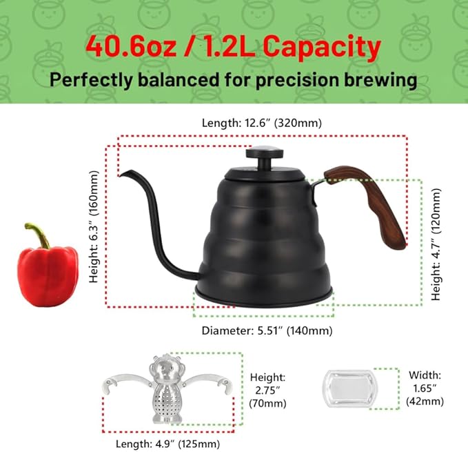 Captain Cranberry Gooseneck Kettle, Stovetop, Thermometer, Black, 40.6oz