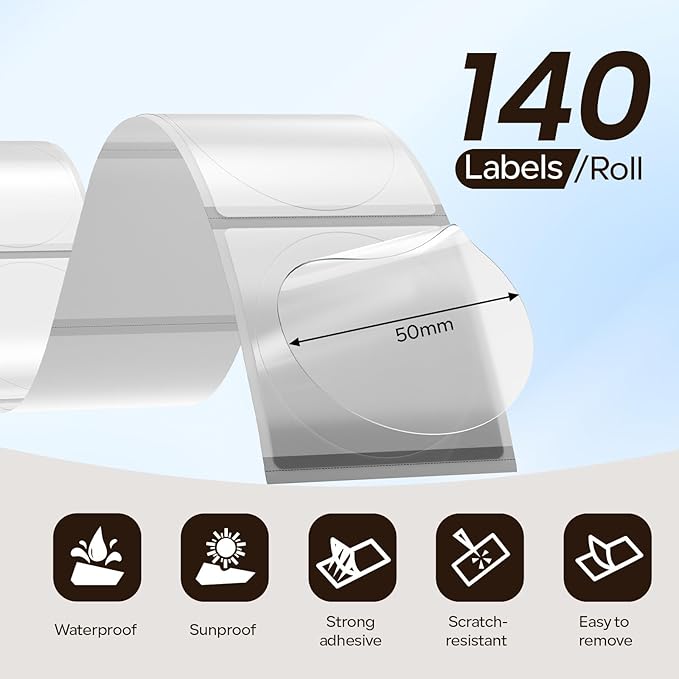 Phomemo Transparent Round Labels Compatible with Phomemo M110 M220 M200 M120 M150 M250 M260 M108 M100 Label Printer, 1.96" x 1.96" (50x50mm) 140 Labels, Clear Thermal Labels
