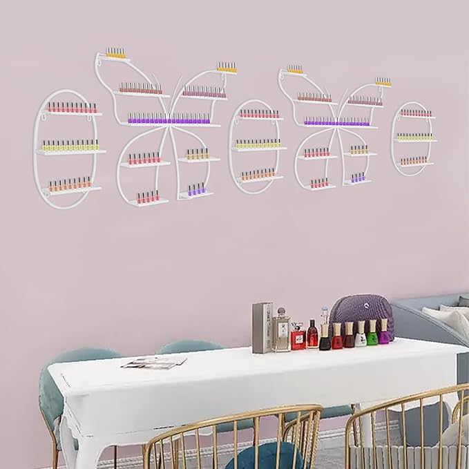Nail Polish Rack, 5PCS Butterfly-shaped Nail Polish Storage Rack Wall-mounted Metal Essential Oil Display Organizer Stand Holder for Home Spa Nail Salon Shop (White)
