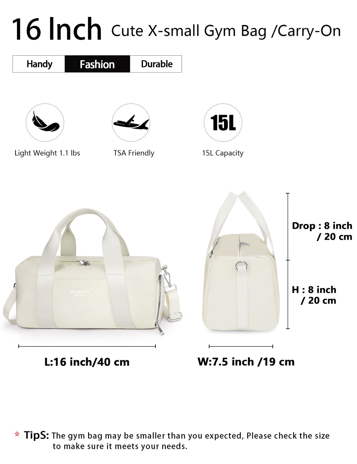 Sports Small Gym Bag for Women, Cute Mini Duffle Bag with Wet Pocket & Shoes Compartment, Personal Item Travel Workout Bag, 16"-Small, Beige