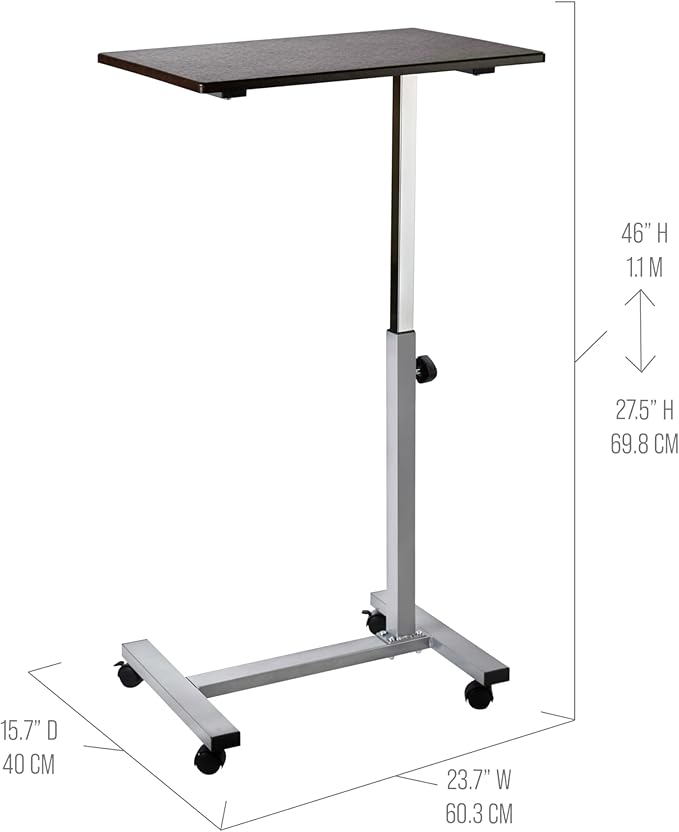 Seville Classics Airlift Height Adjustable Mobile Rolling Laptop Cart Computer Workstation Desk Table for Home, Office, Classroom, Hospital, w/Wheels, Overbed Sit Stand (24"), Espresso