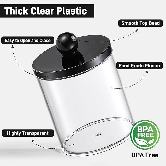 3 Pack Acrylic Qtip Holder Dispenser for Cotton Swabs, Balls, Pads, Floss - Plastic Canister Apothecary Jar Set, Bathroom Essentials Accessories Decor Vanity Makeup Storage Organizer - Clear & Black