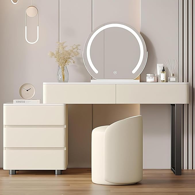 Solid Wood Vanity Desk, Modern Makeup Vanity with Drawers & Rock Slab Countertop and LED Light Mirror, Simple Dressing Table with Makeup Stool for Bedroom (White)