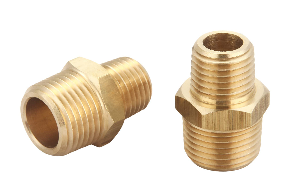 T TANYA HARDWARE 3/8 Inch NPT Male x 1/4 Inch NPT Male, Solid Brass Pipe Adapter Fittings Reducing Hex Nipples Connector, Thread outer diameter from 5/8 inch to 1/2 inch outer diameter, 2 Piece