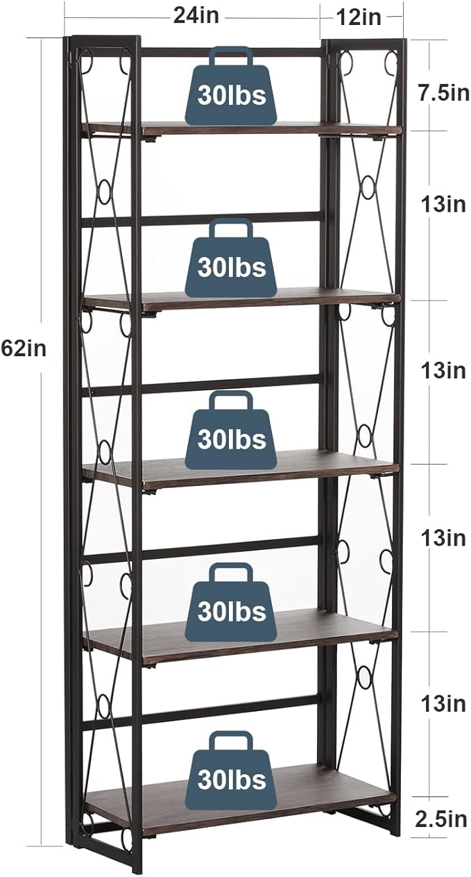 VECELO 2 Set Folding Bookshelf 5-Tier,Industrial Metal Frame & Wood Shelves,Foldable Bookcase No Assembly Free Standing Storage Organizer for Living Room,Office,Bedroom