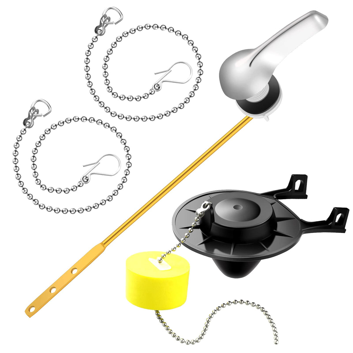 Honoson 4 Pcs 2-inch Universal Toilet Flapper Replacement Kit Front Toilet Flush Tank Lever Handle Replacement with Flapper and 2 Pcs Stainless Steel Chain for Bathroom Lavatory(Black)