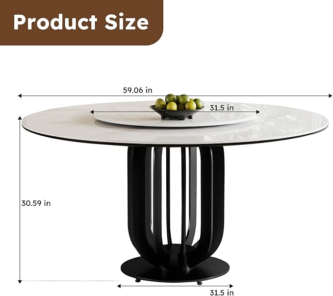 59" Round Modern Marble Dining Table with Lazy Susan, Sintered Stone Top for Kitchen, Dining Room, Dinette, Space Saving Design