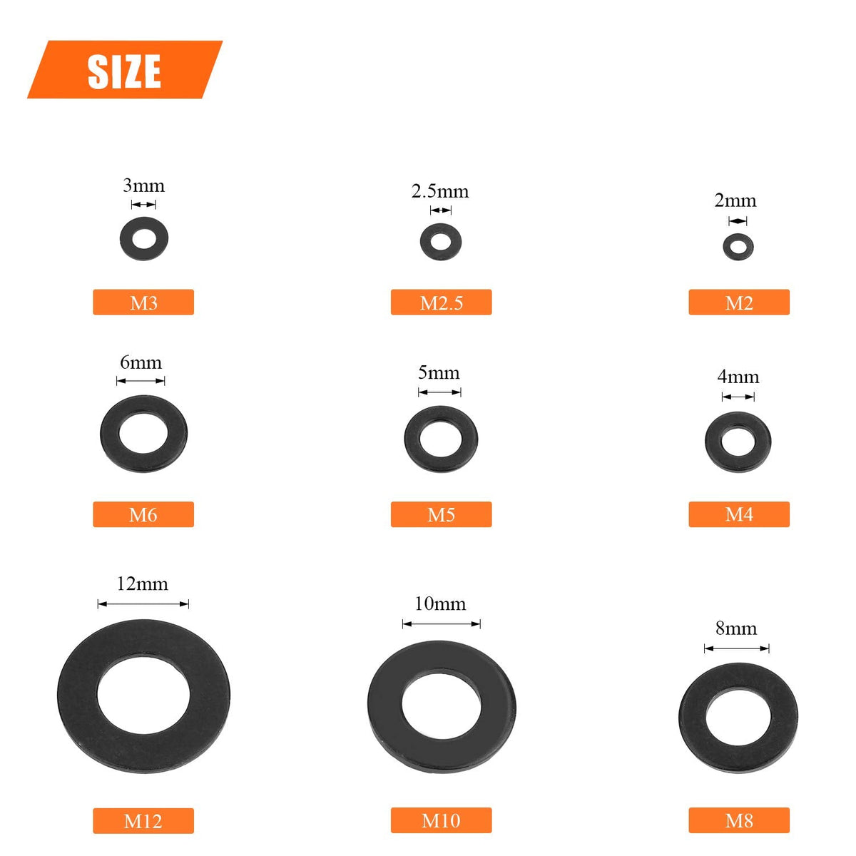 900 Pieces Black Zinc, HELIFOUNER Flat Washers Assorted Kit, Flat Washers, Metric Washers, Lock Metal Washers (M2 M2.5 M3 M4 M5 M6 M8 M10 M12)