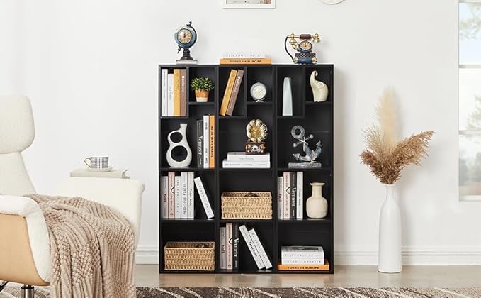 VECELO Small Bookshelf, 5 Cube Slim Bookcase, Fits Tallest Hardcovers, Horizontal Available, Modern Floor Standing Unit, Each Shelf Hold Up to 66 LBS, Black