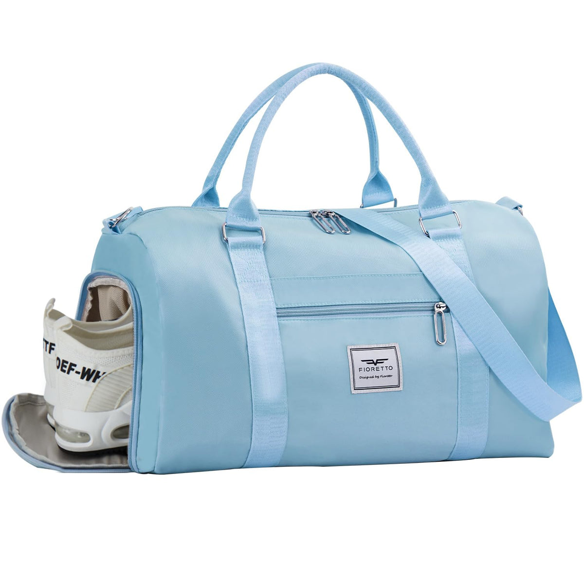 FIORETTO Womens Gym Tote Duffle Bag with Wet Pocket & Shoe Compartment, Sports Duffel Overnight Weekender Hospital Workout Carry on Bag for Girls, Ideal for Travel, Swimming, Dance, Ballet Light Blue