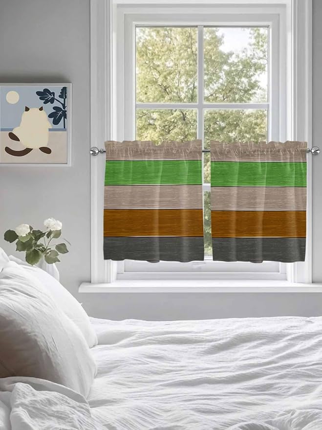 Farm Gray Green Brown Wood Grain Window Valance Curtains, Rustic Wooden Plank