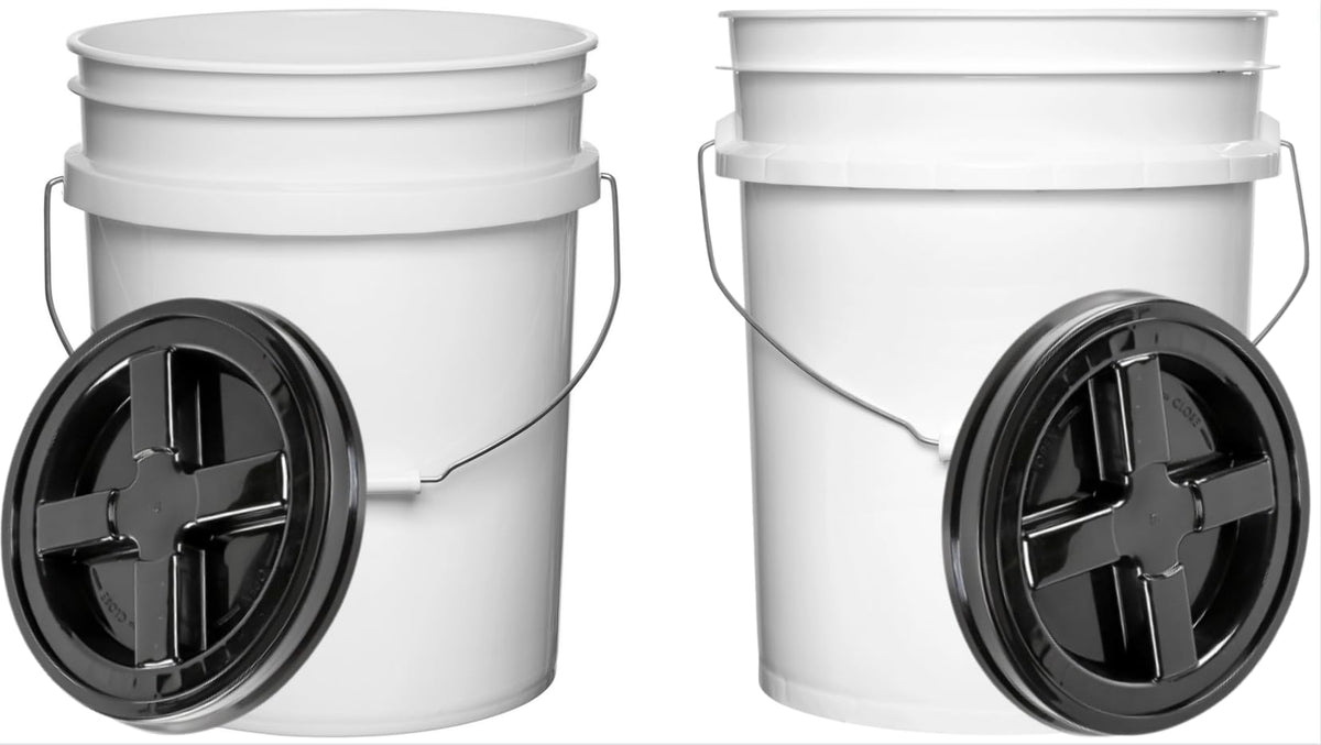 House Naturals Food Grade 5 Gallon Made in USA Plastic Bucket with Air Tight Screw on Lid (White Buckets with Red Lids)