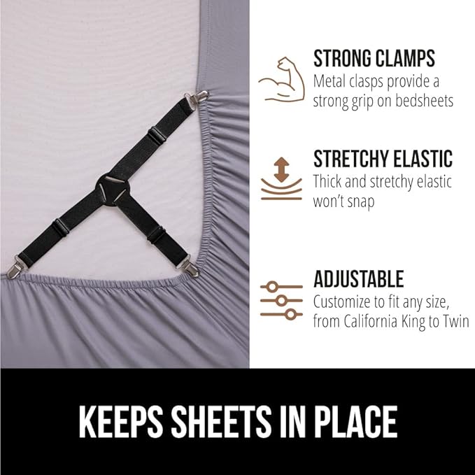 Gorilla Grip Headboard Gap Pillow and Bed Sheet Straps, Headboard Gap Pillow Size Queen Cream, Dense Foam Wedge, Sheet Fasteners 4 Pack Black, Adjustable Elastic with Metal Clips, 2 Item Bundle