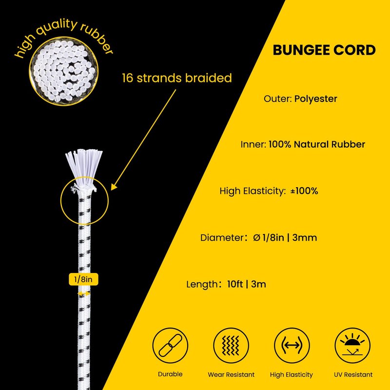 Brotree Marine Grade Bungee Cord 1/8" x 10ft - Elastic Shock Cord 100% Stretch Rope Heavy Duty for Kayak, Tent Pole, Tarp, Tie Down - White&Black