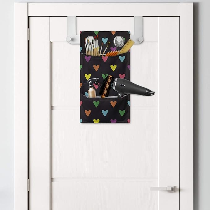 Ambesonne Romantic Hanging Pocket Organizer, Repeating Pattern of Love Themed Design Colorful Funny Mini Hearts, Printed Polyester Storage Bag with Pockets, 9" x 16", Dark Grey and Multicolor