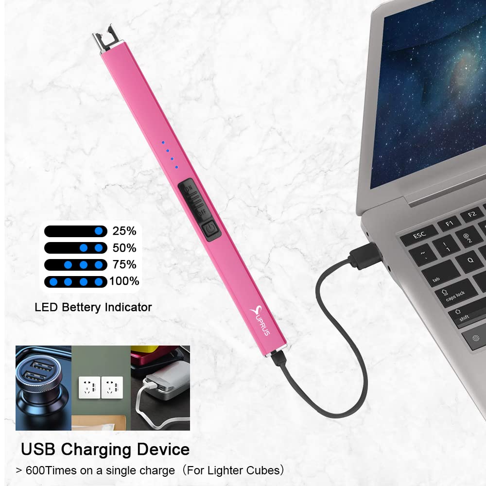 SUPRUS Fluorescent Lighter Glows in The Dark Electric Lighter Candle Lighter Rechargeable USB Arc lighters with Safety Lock Windproof Flameless Plasma for Candle BBQ Camping (Pink)