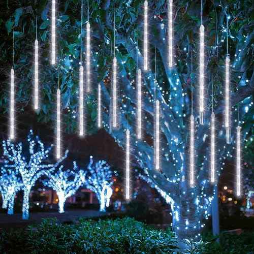 Dazzle Bright 1728 LED Christmas Light, Meteor Shower Rain Lights 11.8 Inch 48 Tubes, Waterproof Plug in Falling Rain Lights Decorations for Xmas Tree Yard Party (White)