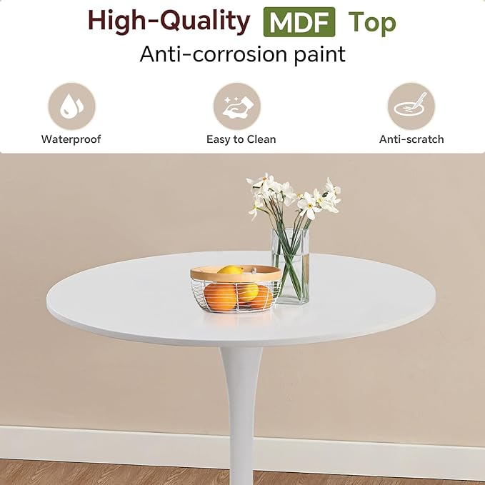 Small Space 27.5 Inch White Round Tulip Dining Table - Modern Pedestal Base Kitchen Table for 2-4 People - Easy Assembly & Easy to Clean