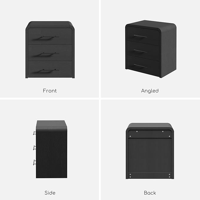Curved 3-Drawer Nightstand Dresser, 23.6'' Wide Modern Wood Bedside Tables with Long Metal Handles, Large Storage End Tables for Bedroom, Office, Black