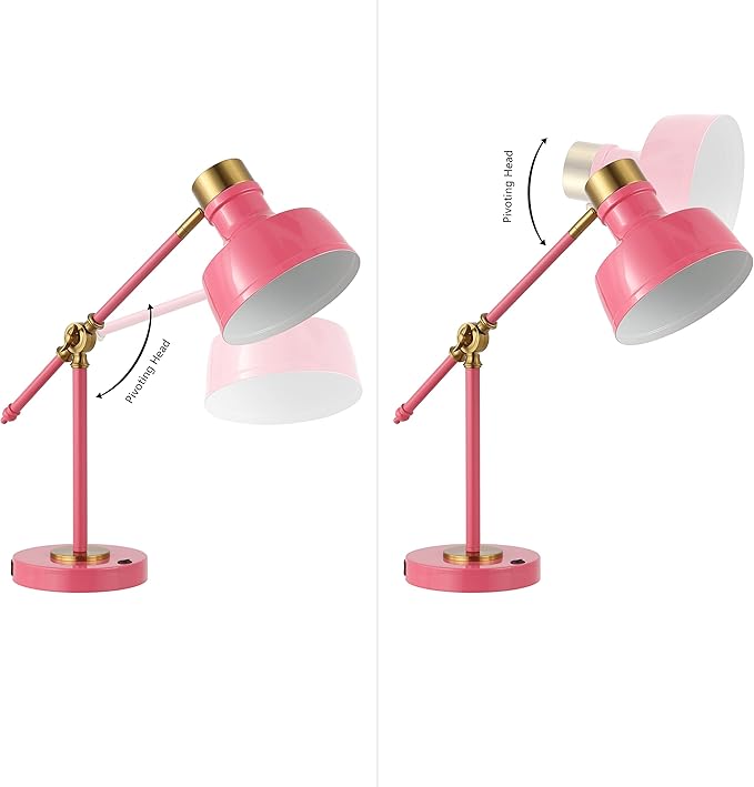 JONATHAN Y 18.5" Pink/Brass Gold Adjustable Cantilever LED Task Lamp with USB Charging Port, Vintage Farmhouse Desk Lamp for Home Office Reading, Metal Shade (JYL7124D)