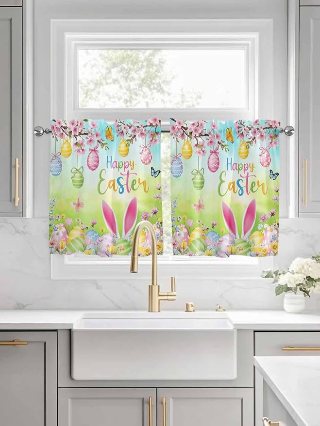 Easter Half Window Curtain 36 Inches Long, Spring Bunny Colorful Rabbit Eggs