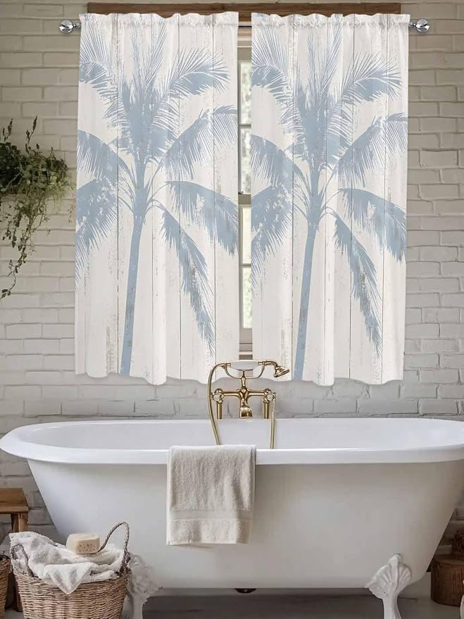 Summer Coconut Tree on Vintage Wood Grain Window Valance Curtains, Seaside
