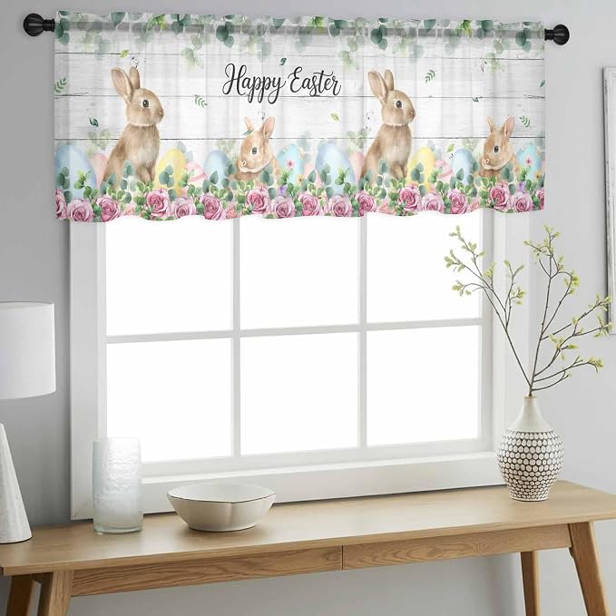 Easter Sheer Valances for Windows 42"x12", Light Filtering Kitchen Curtains